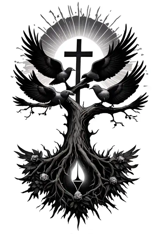 black poison tree with a cross doves and sun rays shining tattoo design idea