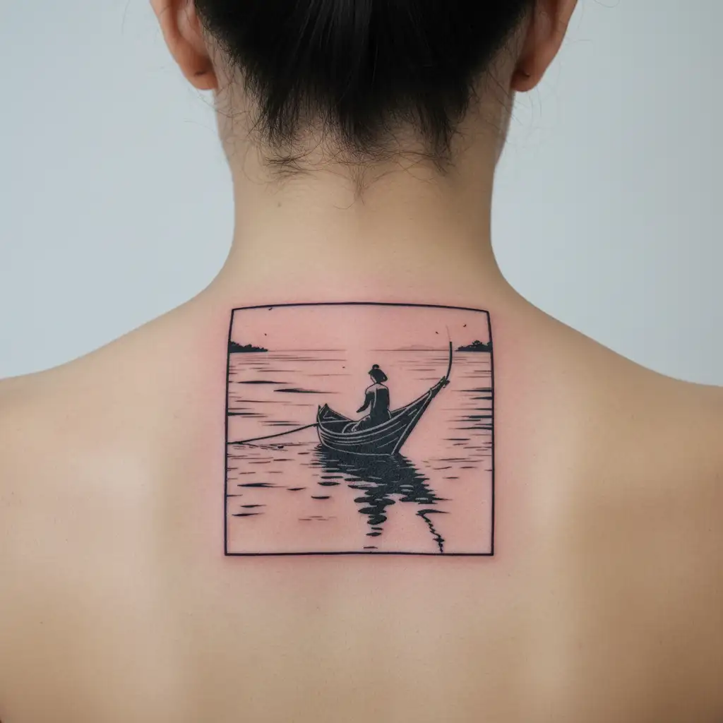 vietnamese fishing boat in the distance in calm water with a woman sitting in it with nothing in the background tattoo design idea