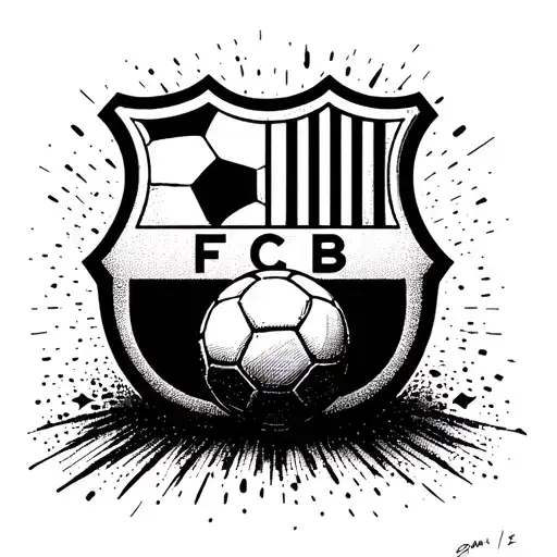 Barcelona logo at Camp Nou with a soccer ball and black and white Messi tattoo in the background tattoo design idea