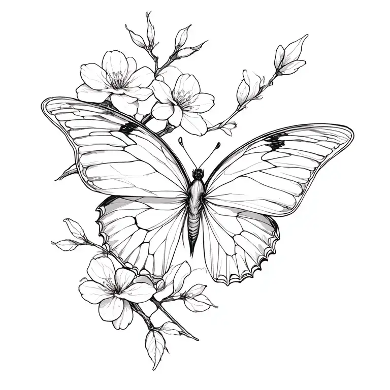 half butterfly half cherry blossoms blooming tattoo design idea