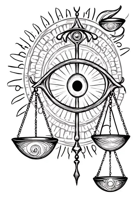 libra scales, evil eye, and karma symbol tattoo design idea