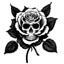 black line work rose with girly skull inside with a stem that says dead inside in fancy writing tattoo design idea