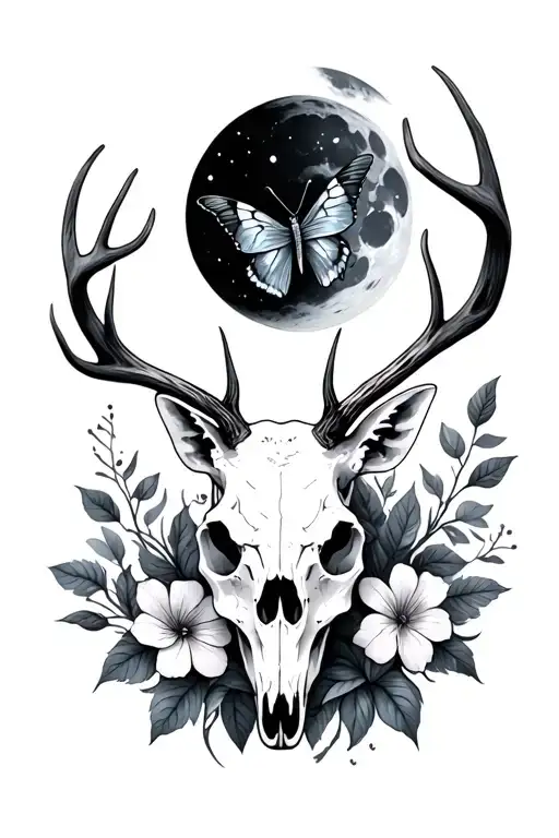 deer skull with flowers and a lunar moth resting tattoo design idea