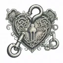 A heart-shaped lock with the names Dalton Cole, Kaylee Elizabeth, Harley Summer, Matthew Seth, Jacob Dawson, and Jones intertwined in a handwritten script tattoo design idea