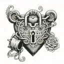 A heart-shaped lock with the names Dalton Cole, Kaylee Elizabeth, Harley Summer, Matthew Seth, Jacob Dawson, and Jones intertwined in a handwritten script tattoo design idea