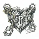 A heart-shaped lock with the names Dalton Cole, Kaylee Elizabeth, Harley Summer, Matthew Seth, Jacob Dawson, and Jones intertwined in a handwritten script tattoo design idea