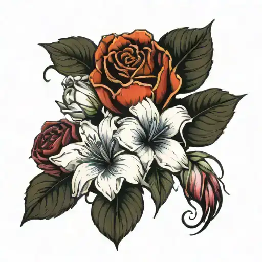 Nu-school tattoo design of kids birth flowers with 3 morning glory, 1 peonies, 1 rose, 1 water liley, 1 daffodil tattoo design idea