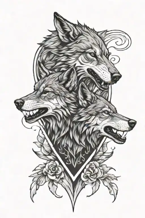 A tattoo depicting two wolves protecting a heart. tattoo design idea
