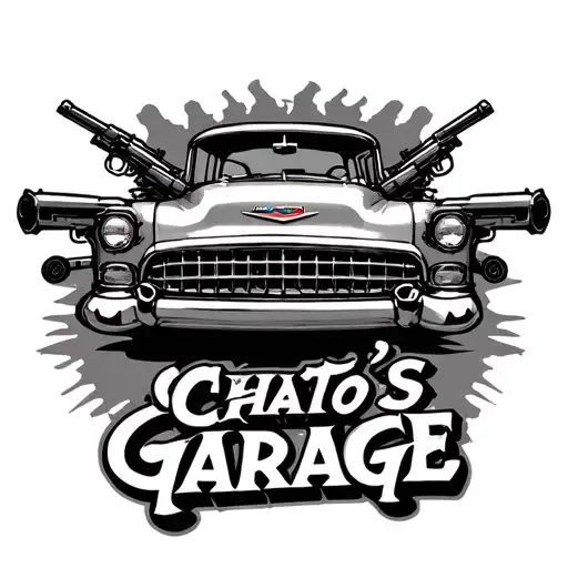 "Chato's Garage " A badass gangster-inspired car tattoo With guns mounted on the car Mad Max style. Car is a 1955 Chevy tattoo design idea