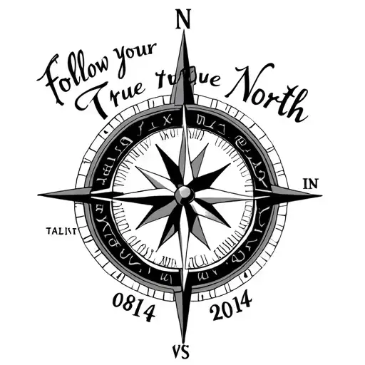 Create a compass tattoo with the words "follow your true North" and the date 08/14/2014 in roman numerals tattoo design idea