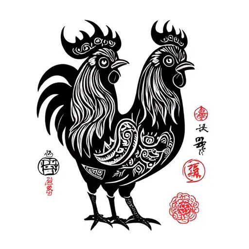 cute rooster & buffalo Chinese zodiac signs tattoo design idea