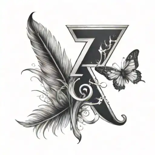 Model me a tattoo with a feather, with the browing logo, a butterfly, the letter r, glitter and a half tattoo design idea