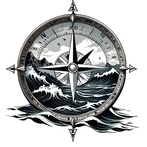 Compass tattoo with mountains and ocean waves tattoo design idea