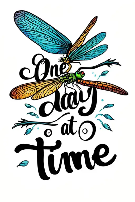 "One day at a time" dragonfly flying tattoo design idea