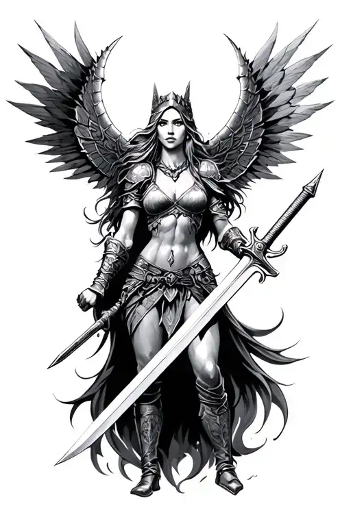 valkyrie warrior woman holding a sword emerging tattoo design idea