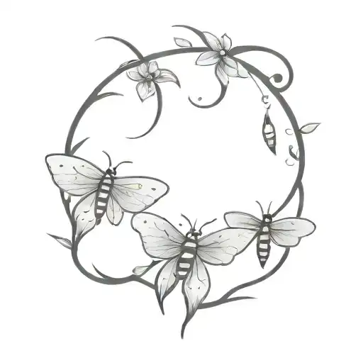 floral moth with lightning bugs and light foliage  tattoo design idea