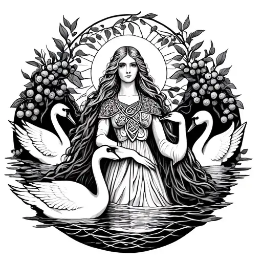 fair haired Celtic Goddess, Aine. surrounded by Swans, rowan berries and the sun tattoo design idea