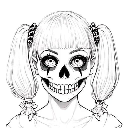 girly skull with bangs and pigtails clown makeup tattoo design idea