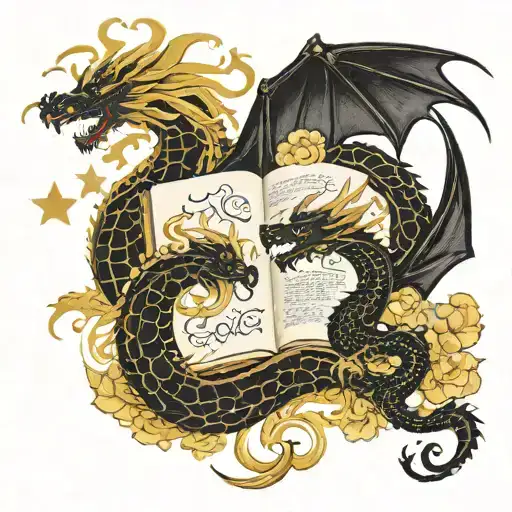 1 big black dragon, 1 small golden dragon, books, flowers, stars tattoo design idea