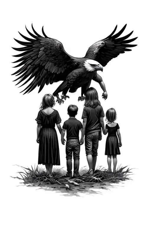 The husband, his wife, little girl and boy holding his hand seen from behind an eagle with open wings tattoo design idea