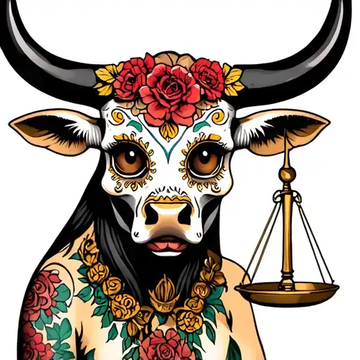 feminine bull with sugar skull markings, brown eyes and two Libra scales and dark background tattoo design idea