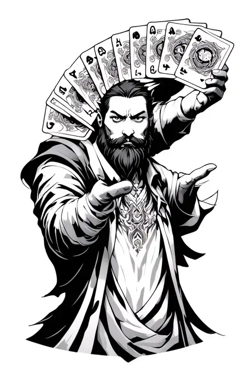 Exodia by Yu Gi Oh and a man with a beard who holds up 5 cards tattoo design idea