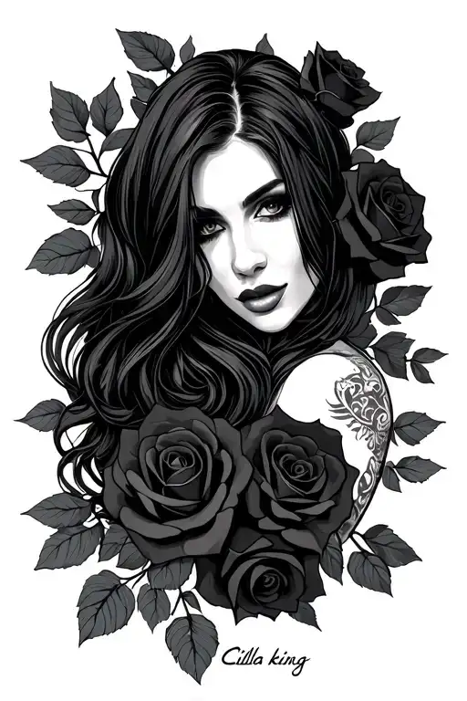 "Cilla king" "Cilla king" "Cilla king"  Sinfully sexy woman long black hair with black roses growing tattoo design idea