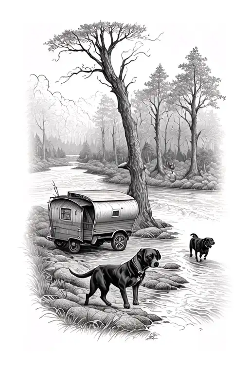 A sketch style tattoo of a caravan traveling through a mystical forest, with a river flowing next to it and two rottweilers running alongside tattoo design idea