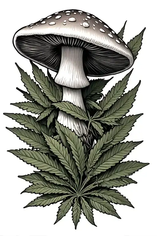 mushroom and cannabis leaf intertwined tattoo design idea