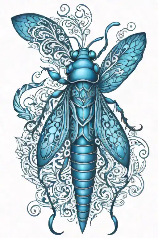 blue firefly insect draw in maori pattern forming the shape tattoo design idea