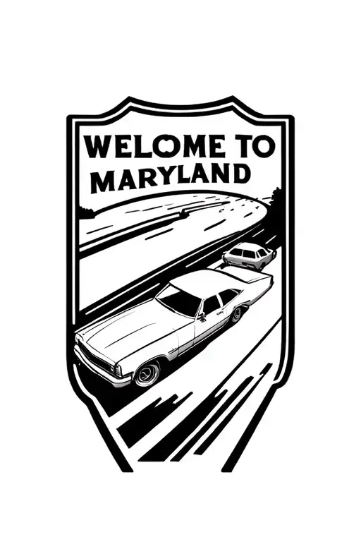 cars driving on the highway with a welcome to maryland sign tattoo design idea