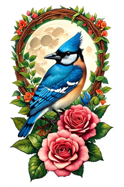 tribute to my mom she loved to garden loved blue moon roses the moon the color blue and blue jays  tattoo design idea