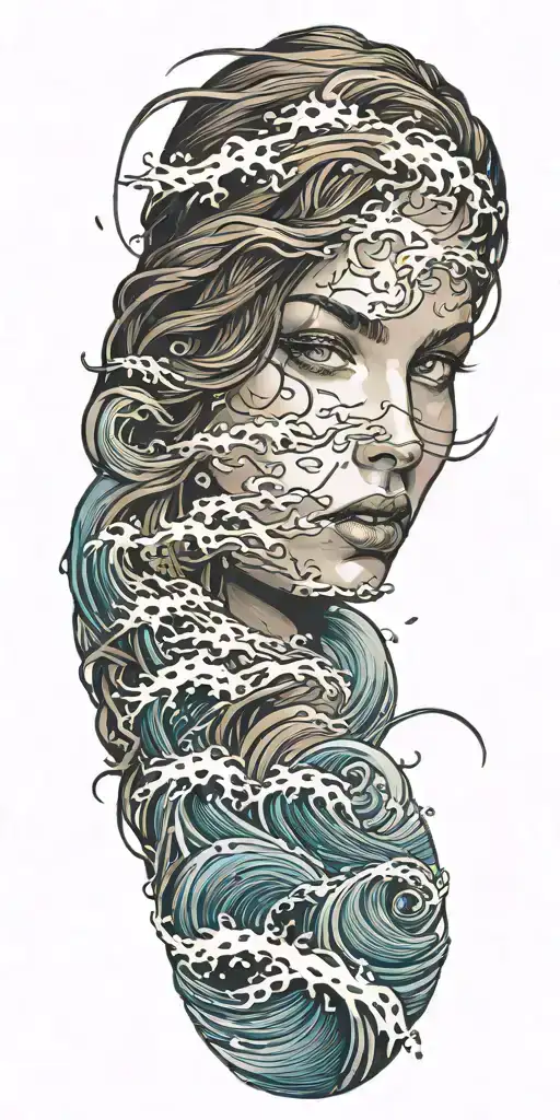 waves crashing shipwreck morphing into woman's face tattoo design idea