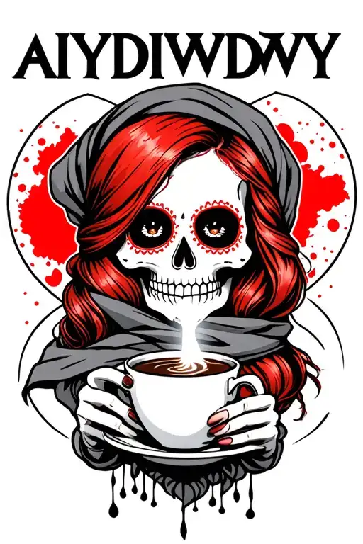 "AIYDIWDWY" sugar skull with red hair wearing a hair scarf holding a steaming cup of coffee tattoo design idea