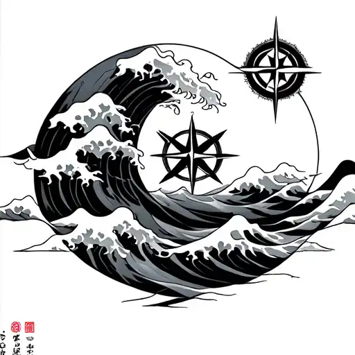 Japanese umiboz with waves and compass tattoo design idea