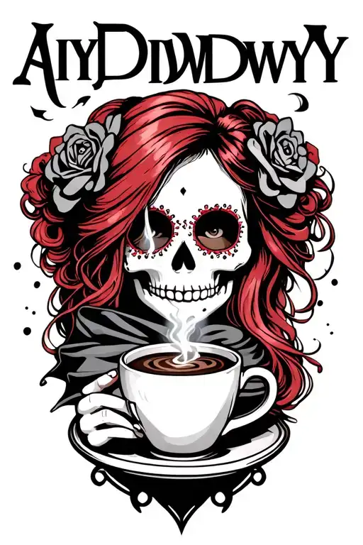 "AIYDIWDWY" sugar skull with red hair wearing a hair scarf holding a steaming cup of coffee tattoo design idea
