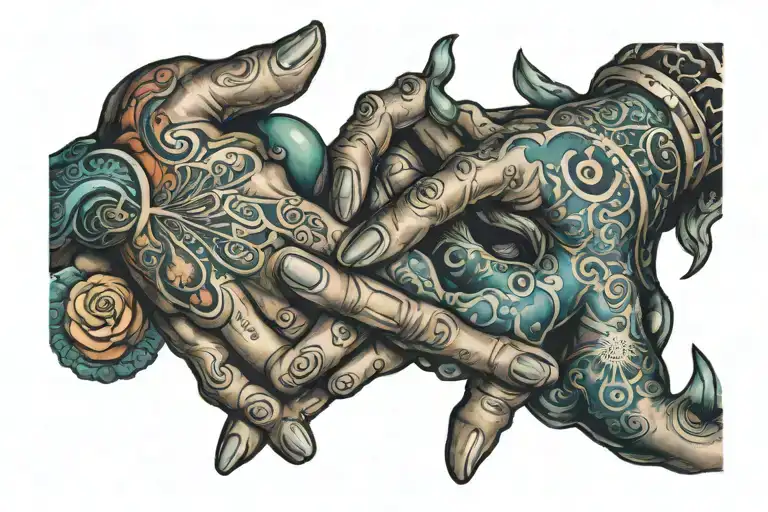 creation michelangello two hands touching. one hand ugly one beautiful tattoo design idea