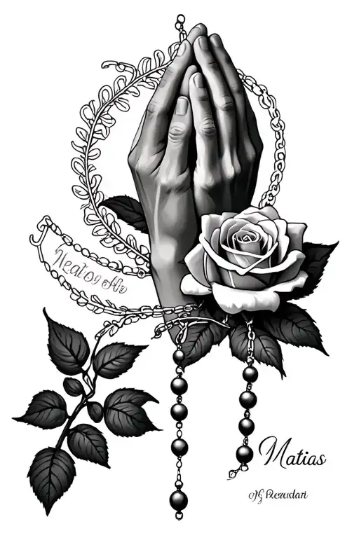 hands praying with a rosary, a rose and name of Matias tattoo design idea