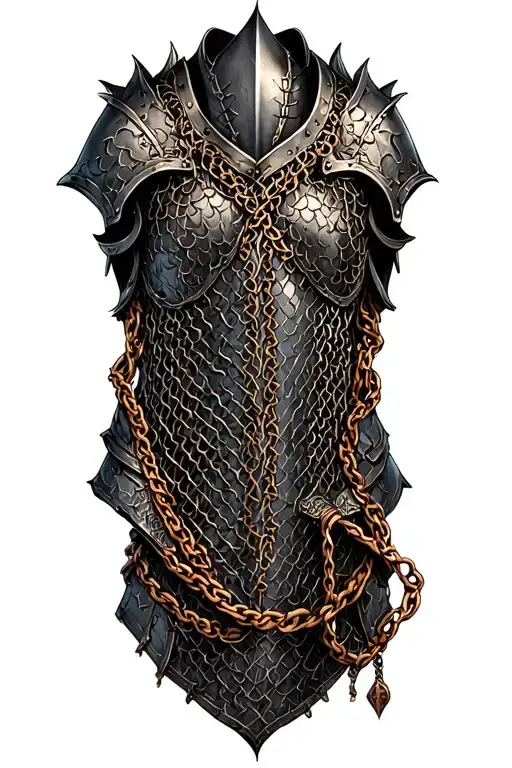 realistic tattooing armor with mix of plating chainmail arm sleeve wrap around. making it look like the skin is armor tattoo design idea