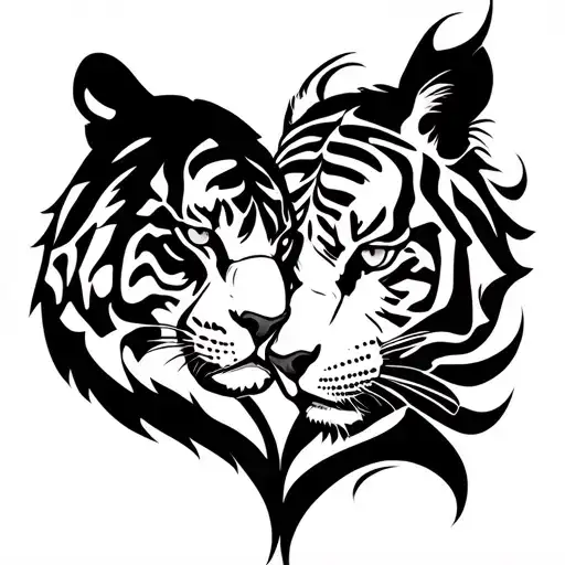 panther and tiger in side profile facing outwards making shape of a heart tattoo design idea