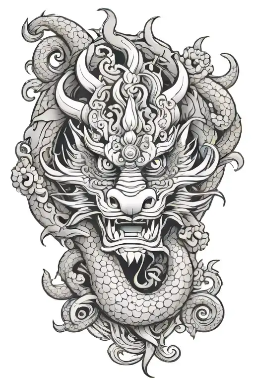Bali barong dragon intertwined tattoo design idea
