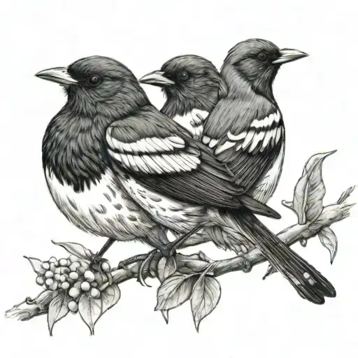 Tattoo of 1 adult magpie robins and two baby magpie robins tattoo design idea