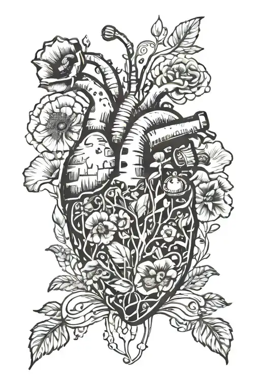 abstract design human heart, poppies, anemones, mushrooms, music, love and the letters J and C tattoo design idea