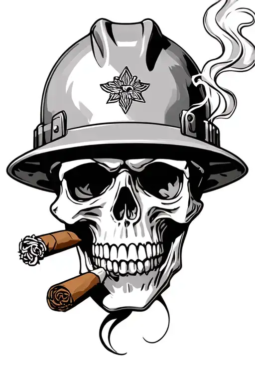 skull wearing hard hat smoking cigar tattoo design idea