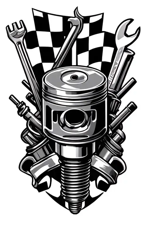 Holden symbol, piston, spanner, spark plug, Chequered flag all together  tattoo design idea
