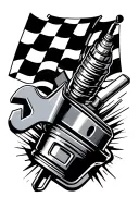 Holden symbol, piston, spanner, spark plug, Chequered flag all together  tattoo design idea