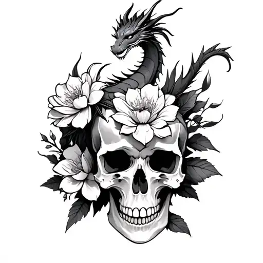 dragon standing on a skull with a blooming queen of the night flower  tattoo design idea