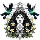 Celtic Goddess, Rhiannon. Surrounded by flying songbirds and daffodils tattoo design idea