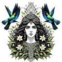 Celtic Goddess, Rhiannon. Surrounded by flying songbirds and daffodils tattoo design idea