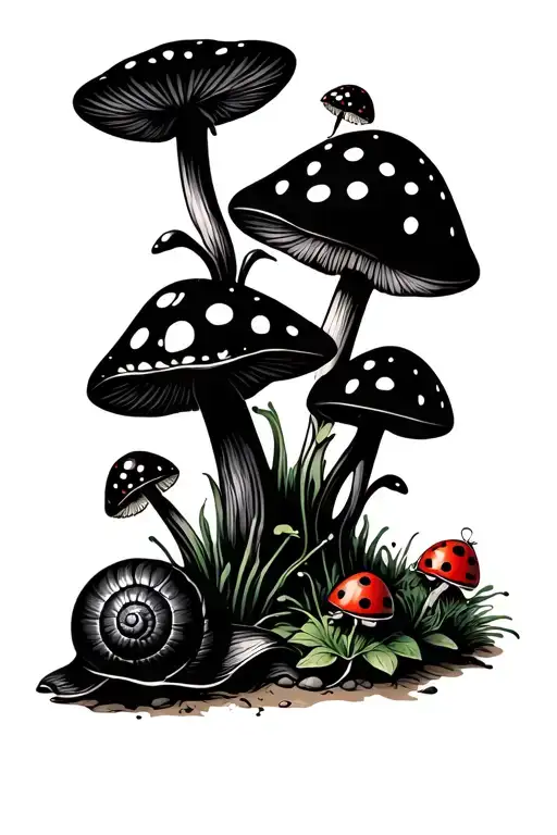 garden scene with ladybugs, roly polies, snails, and mushrooms tattoo design idea